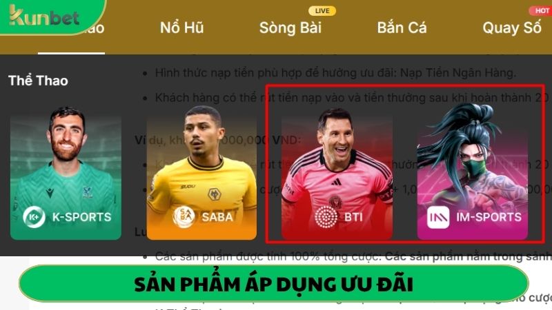 Các sản phẩm tại khu vực thể thao được áp dụng khuyến mãi nạp đầu 100%