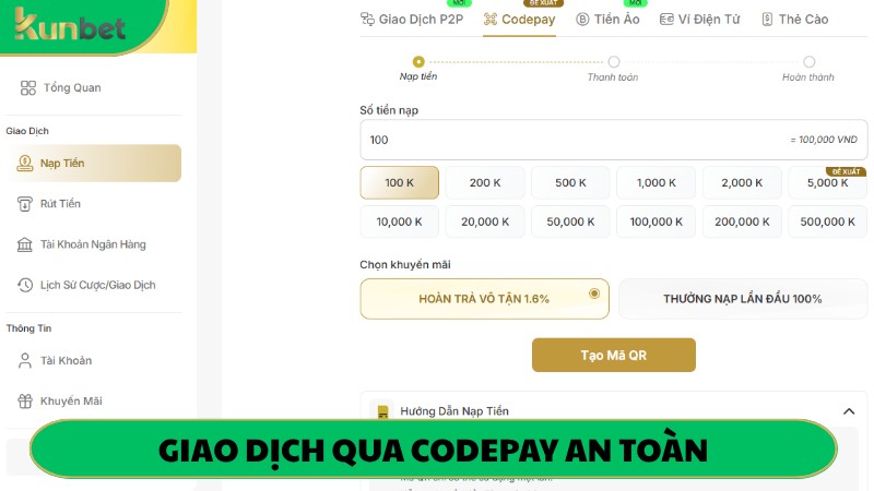 Nạp tiền KUNBET qua codepay an toàn, siêu tiện lợi